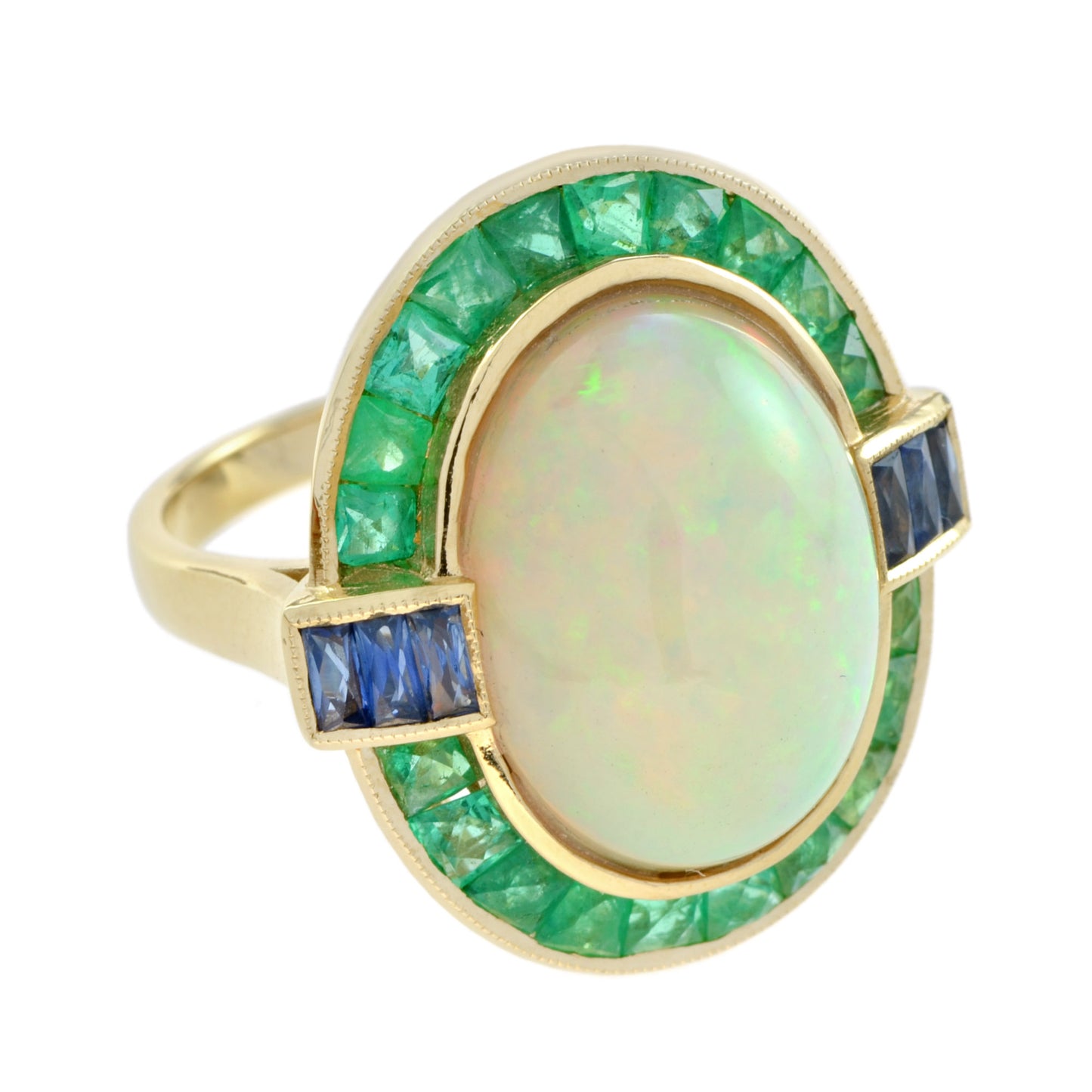 oval shape ethiopian opal & emerald sapphire halo set 18k yellow gold ring