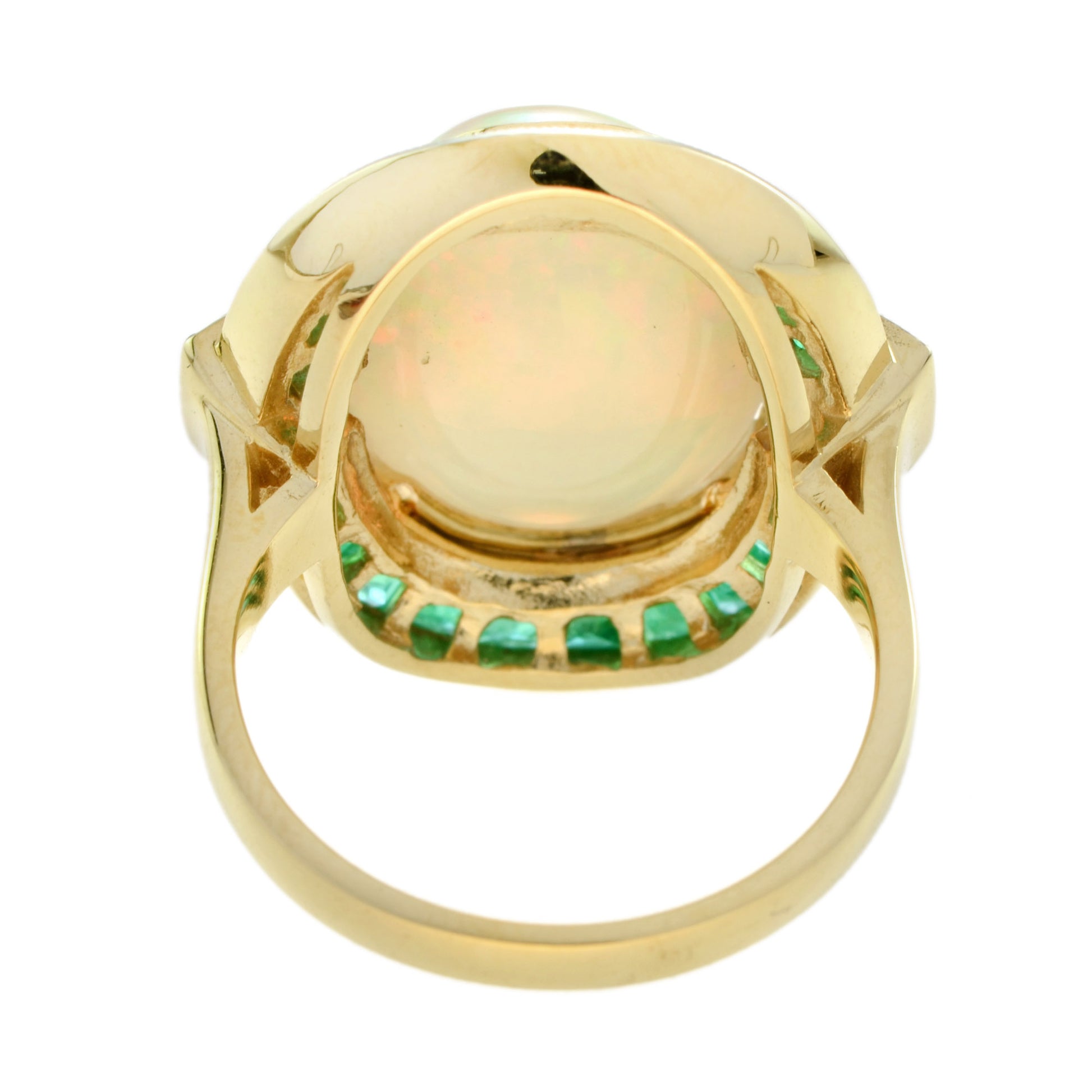 Oval Shape Ethiopian Opal & Emerald Sapphire Halo Set 18K Yellow Gold Ring
