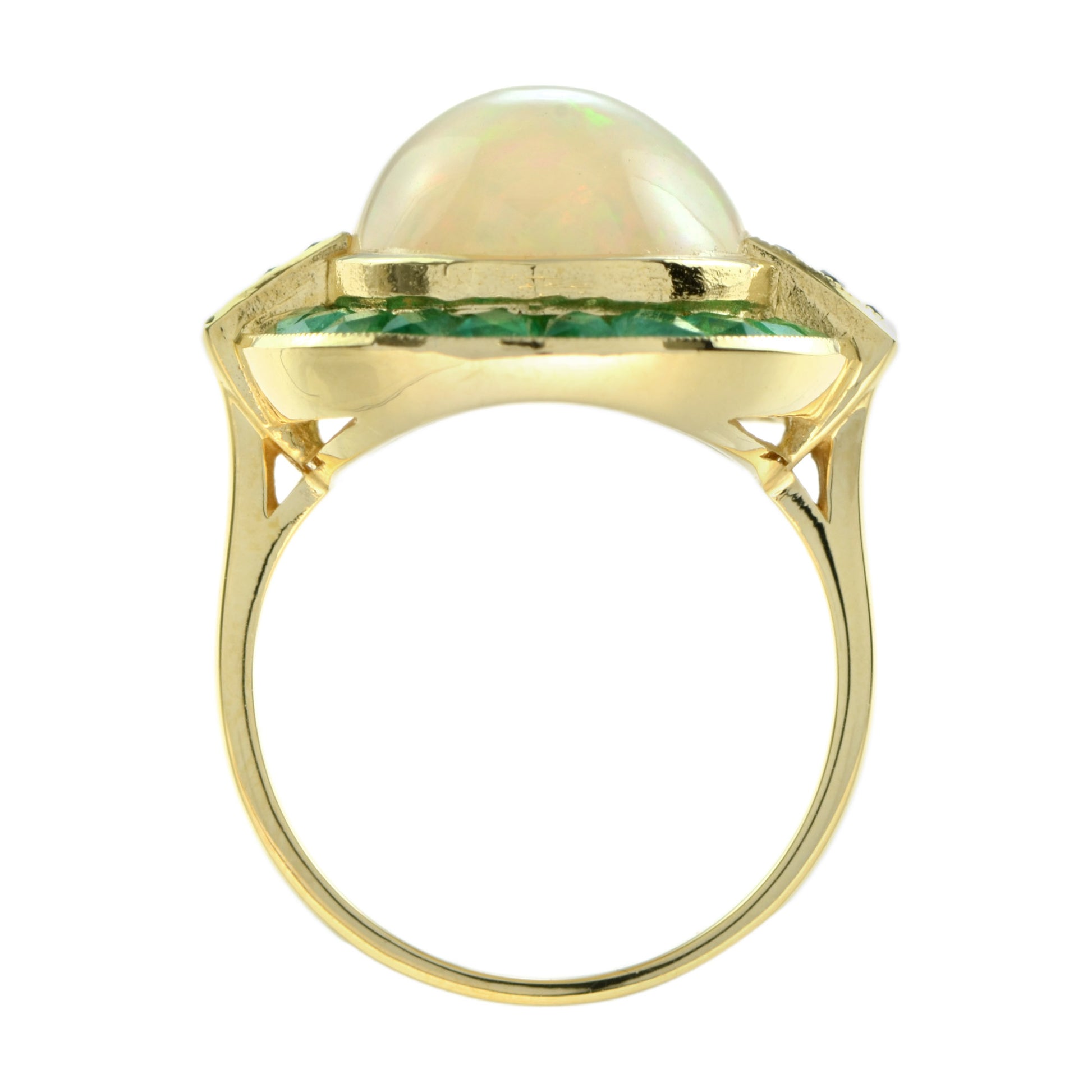 Oval Shape Ethiopian Opal & Emerald Sapphire Halo Set 18K Yellow Gold Ring