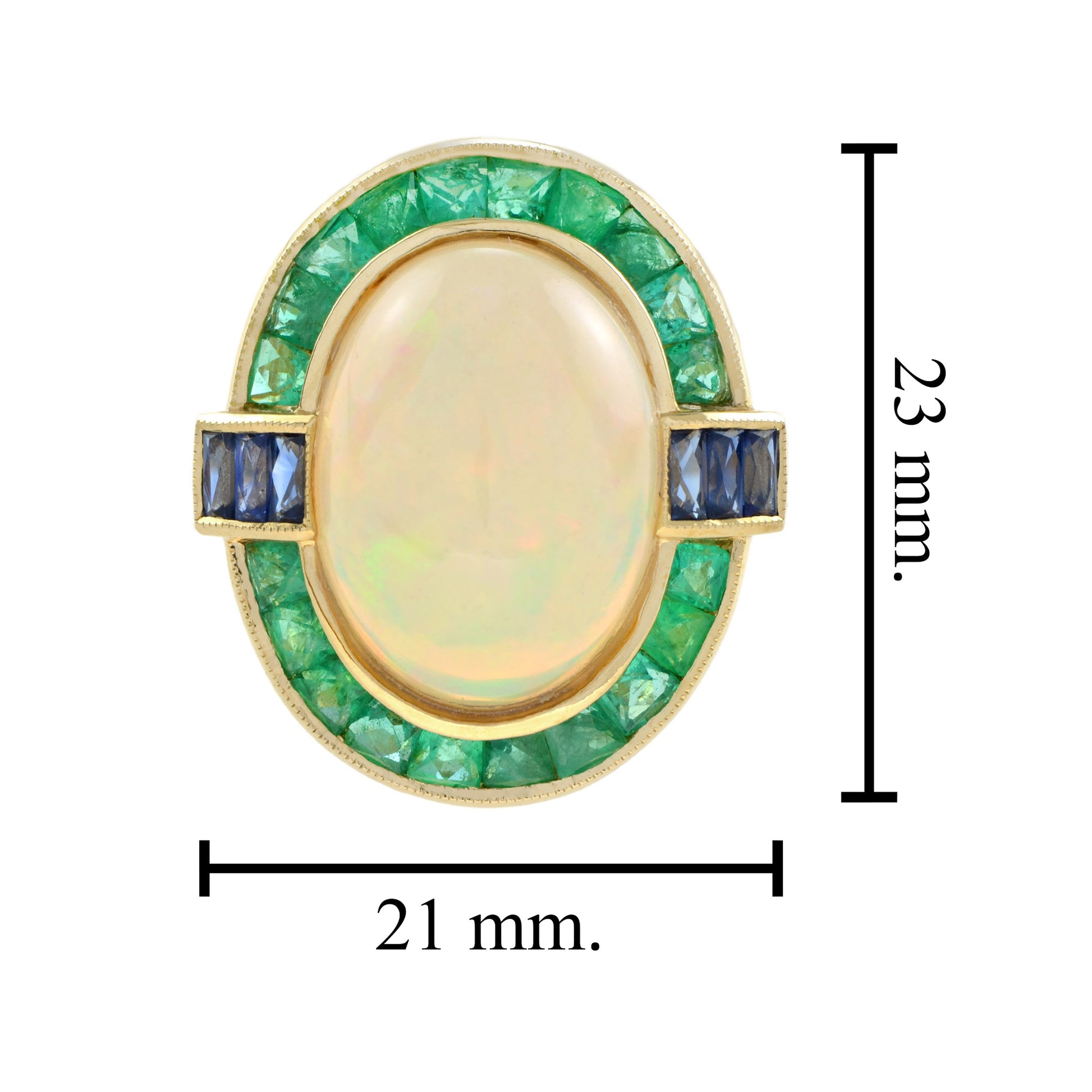 Oval Shape Ethiopian Opal & Emerald Sapphire Halo Set 18K Yellow Gold Ring