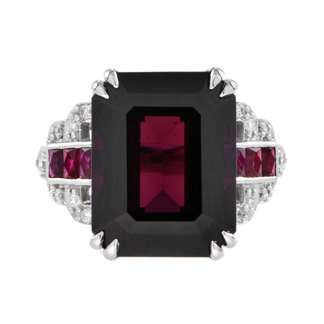 Art Deco Style Octagon Dark Pink Rhodolite &amp; Ruby Diamond 18K White Gold Ring