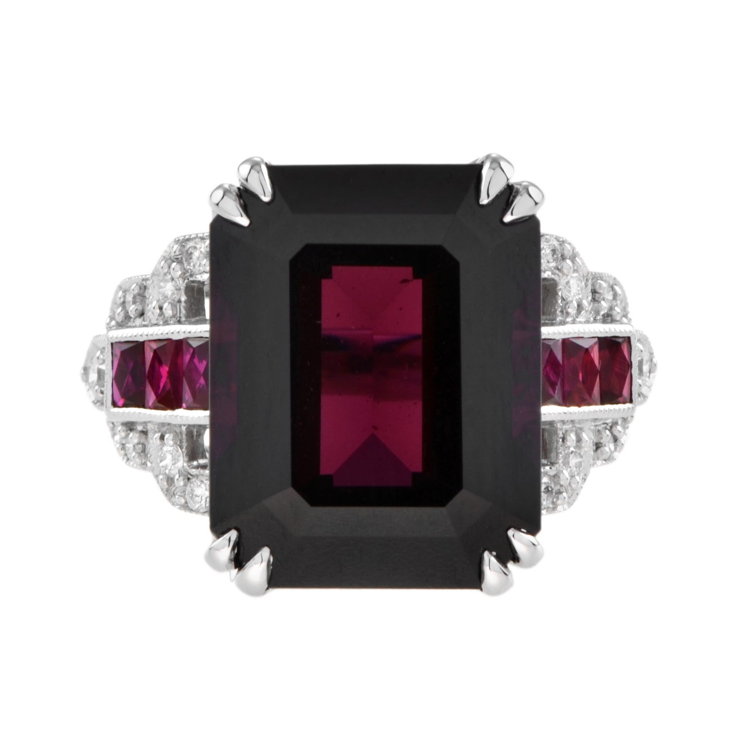 art deco style octagon dark pink rhodolite & ruby diamond 18k white gold ring