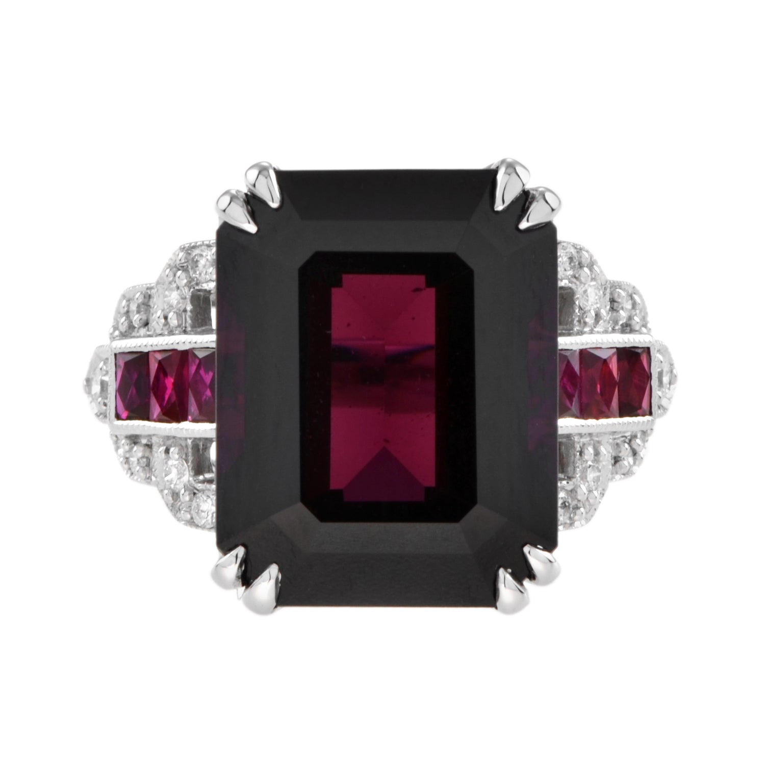 Art Deco Style Octagon Dark Pink Rhodolite &amp; Ruby Diamond 18K White Gold Ring