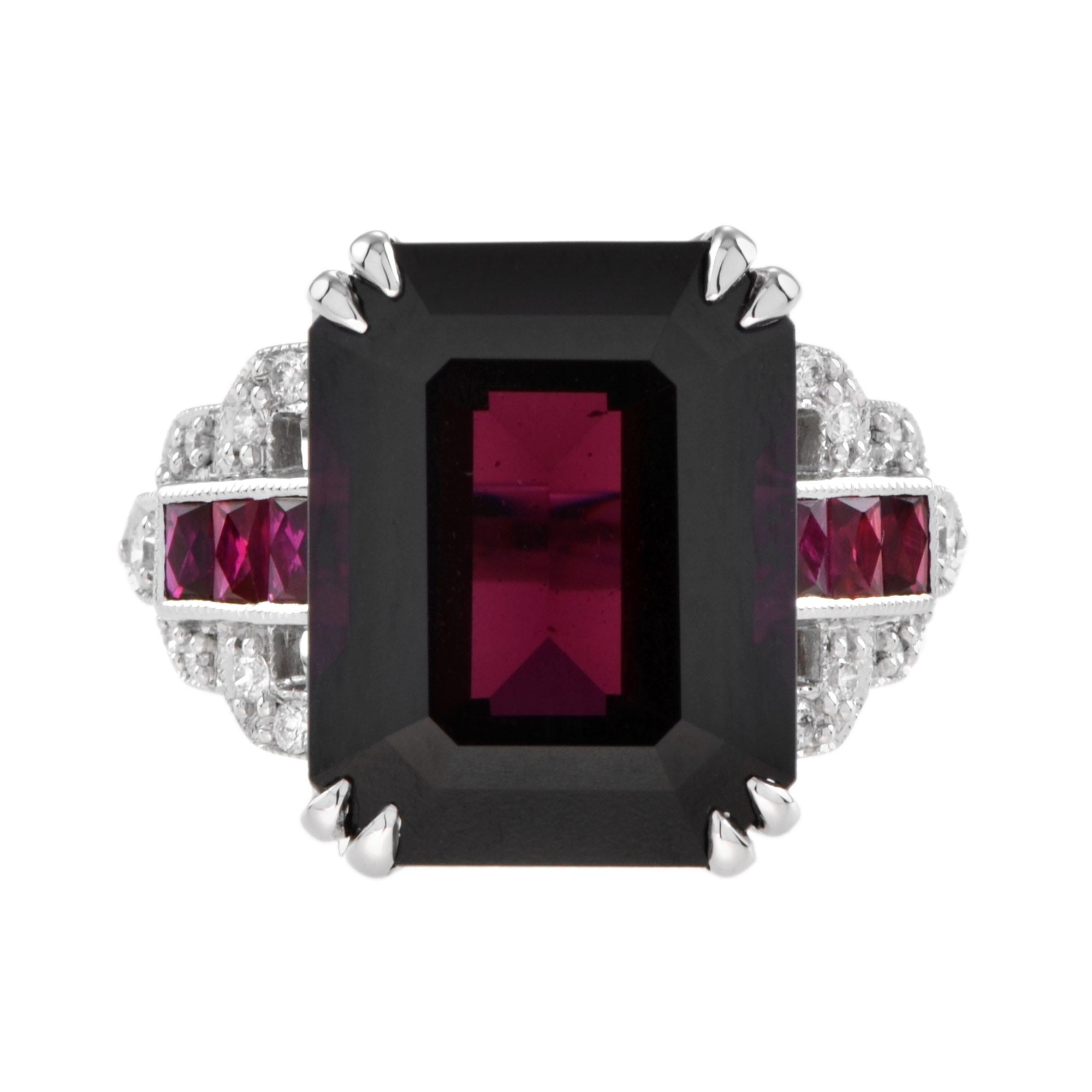 Art Deco Style Octagon Dark Pink Rhodolite &amp; Ruby Diamond 18K White Gold Ring