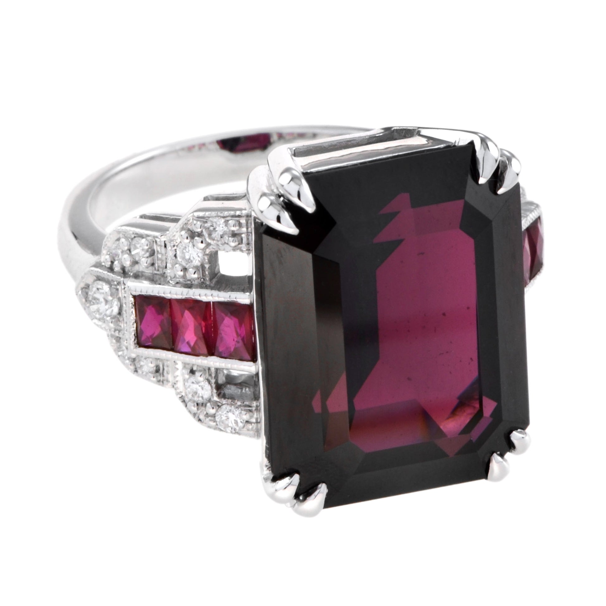 Art Deco Style Octagon Dark Pink Rhodolite & Ruby Diamond 18K White Gold Ring