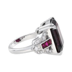 Art Deco Style Octagon Dark Pink Rhodolite & Ruby Diamond 18K White Gold Ring