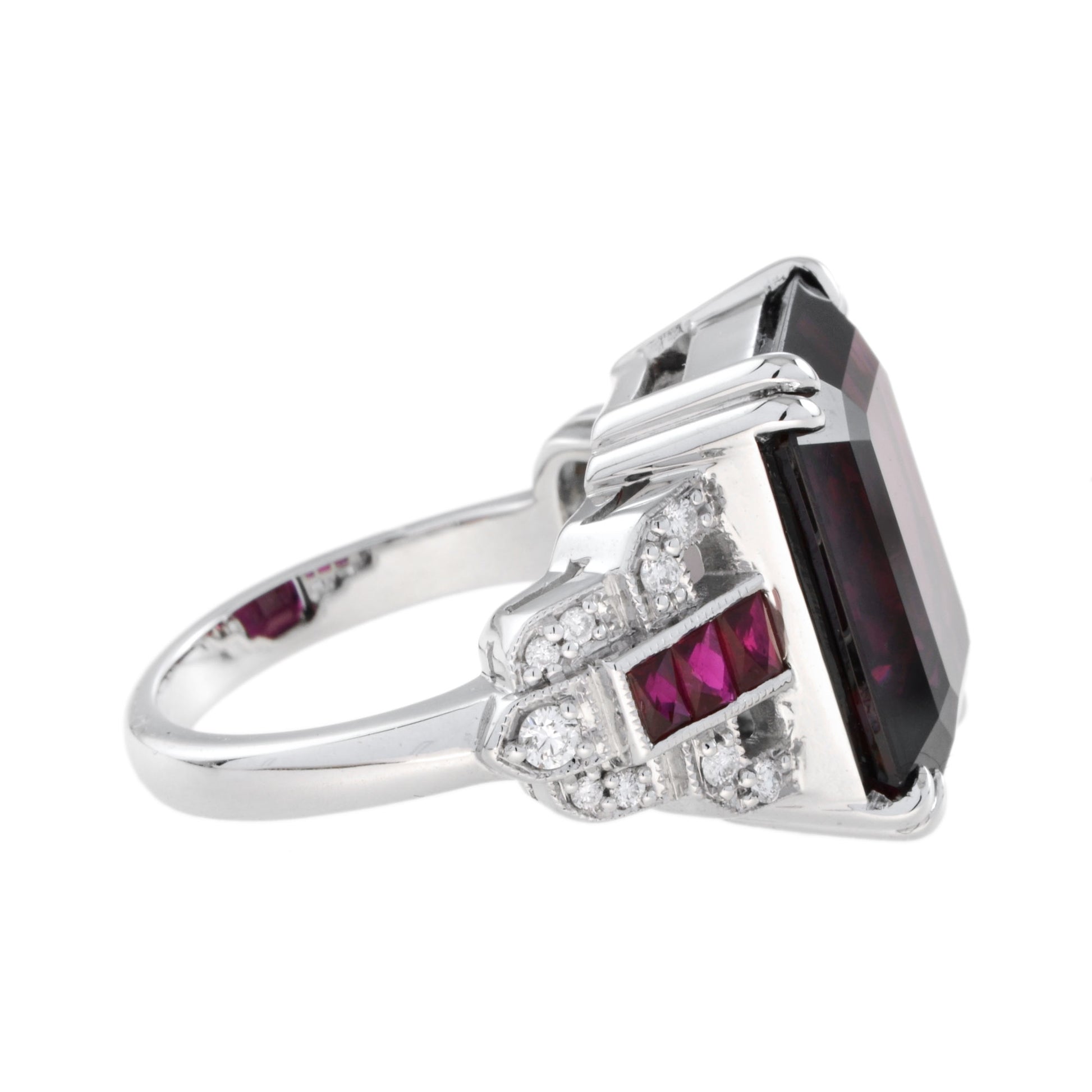 Art Deco Style Octagon Dark Pink Rhodolite & Ruby Diamond 18K White Gold Ring