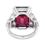 Art Deco Style Octagon Dark Pink Rhodolite & Ruby Diamond 18K White Gold Ring