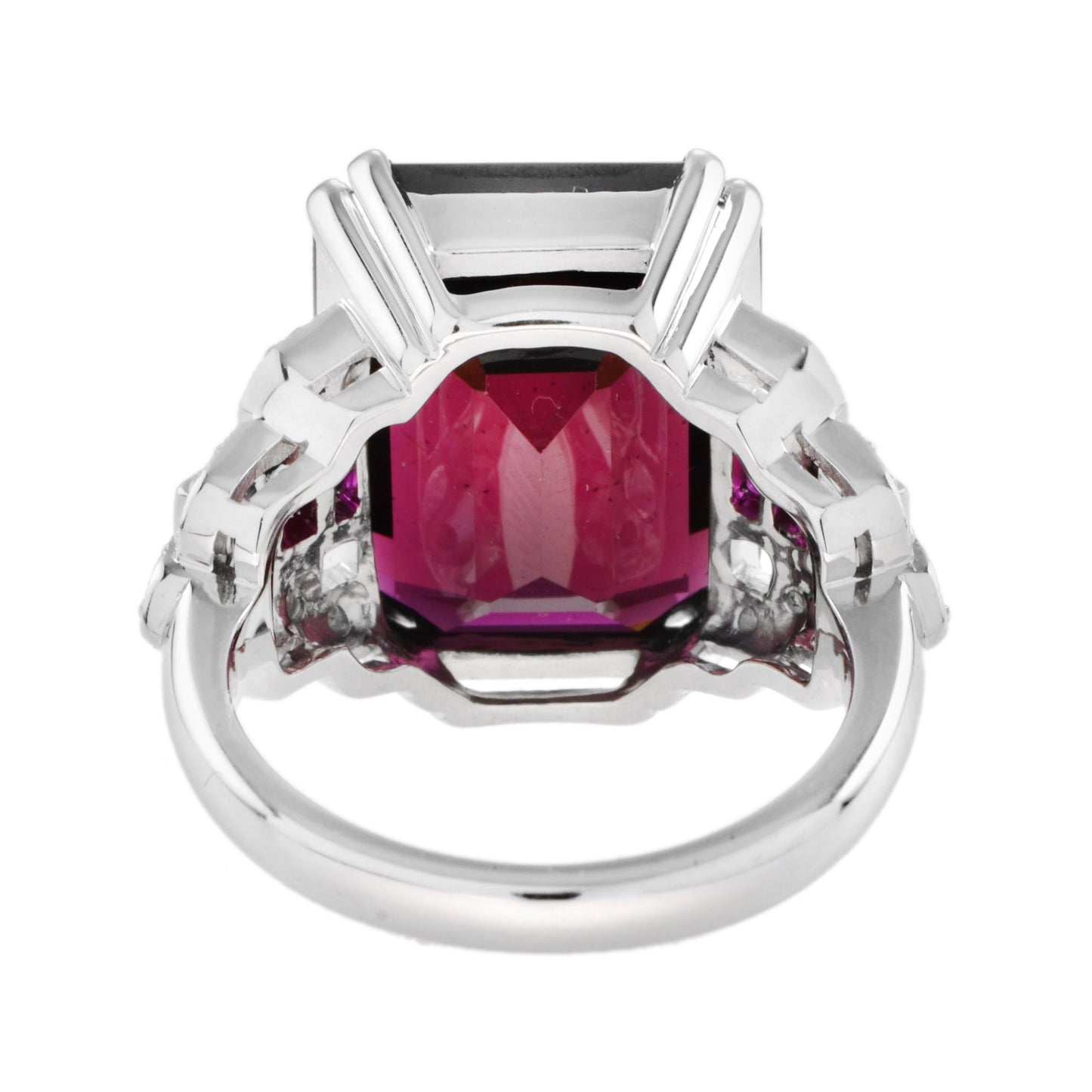 art deco style octagon dark pink rhodolite & ruby diamond 18k white gold ring