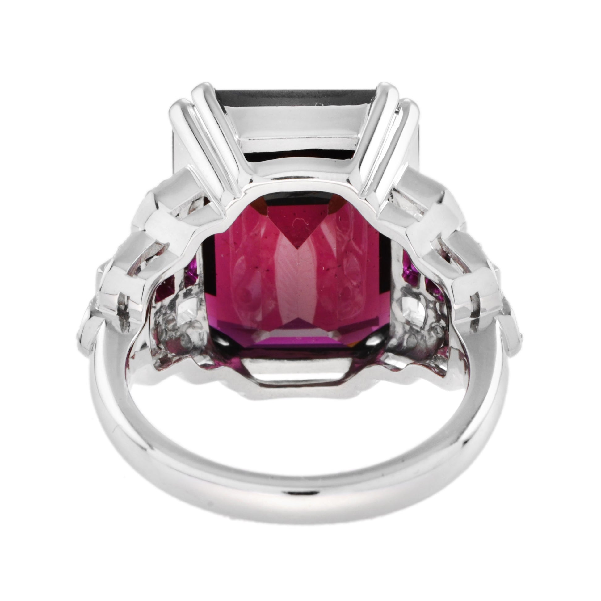 Art Deco Style Octagon Dark Pink Rhodolite & Ruby Diamond 18K White Gold Ring
