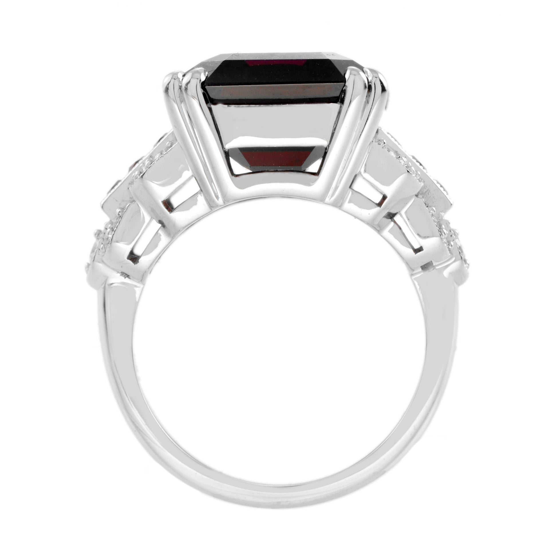 Art Deco Style Octagon Dark Pink Rhodolite & Ruby Diamond 18K White Gold Ring