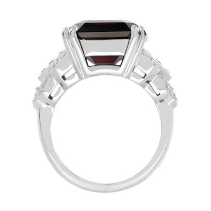 Art Deco Style Octagon Dark Pink Rhodolite & Ruby Diamond 18K White Gold Ring