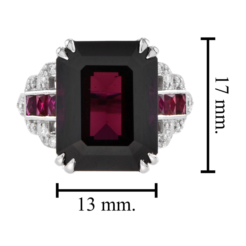 Art Deco Style Octagon Dark Pink Rhodolite & Ruby Diamond 18K White Gold Ring