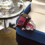 Art Deco Style Octagon Dark Pink Rhodolite & Ruby Diamond 18K White Gold Ring