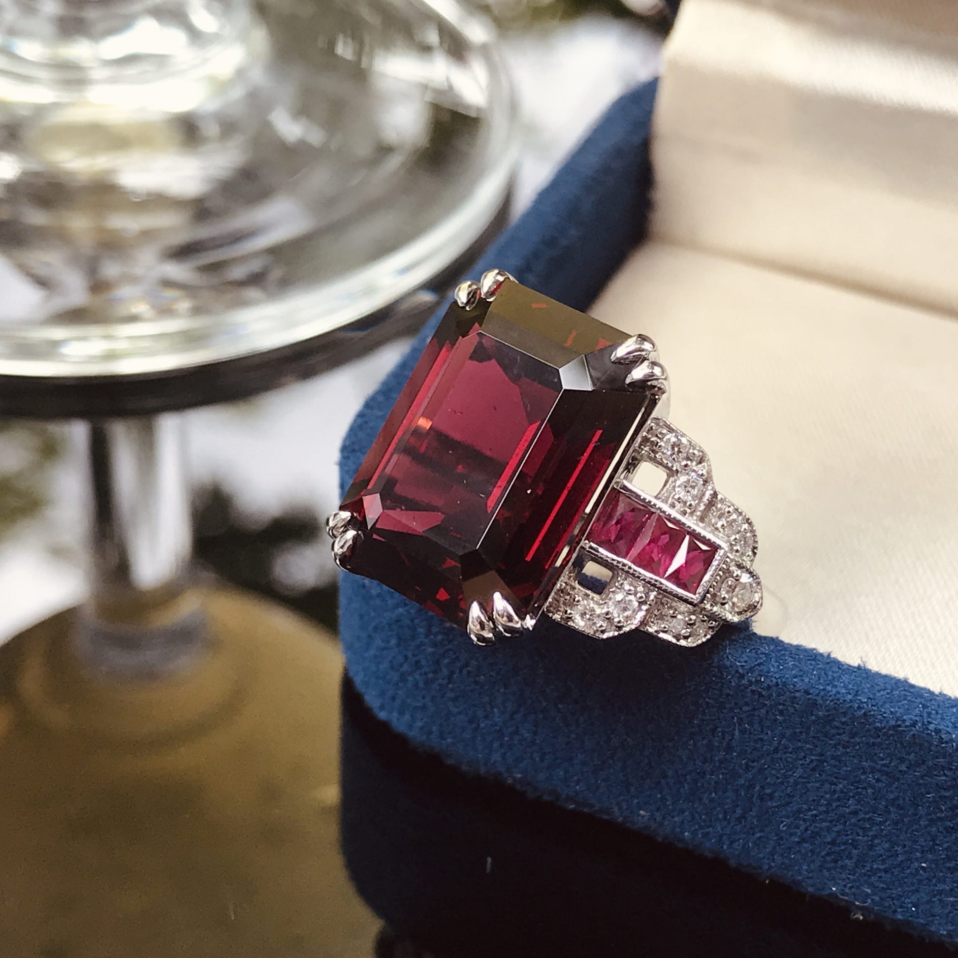 Art Deco Style Octagon Dark Pink Rhodolite & Ruby Diamond 18K White Gold Ring