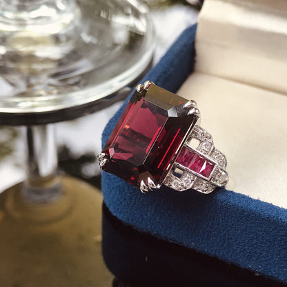 Art Deco Style Octagon Dark Pink Rhodolite & Ruby Diamond 18K White Gold Ring
