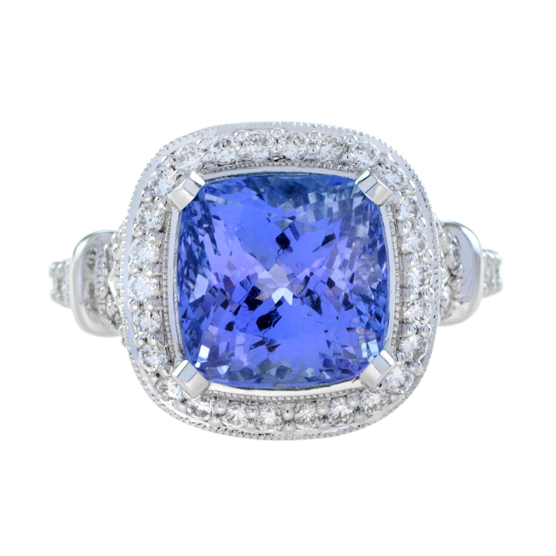 Cushion Shape Blue Violet Tanzanite & Diamond Halo Set 18K White Gold Ring