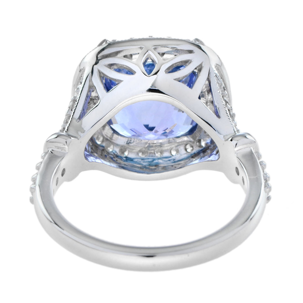 Cushion Shape Blue Violet Tanzanite & Diamond Halo Set 18K White Gold Ring