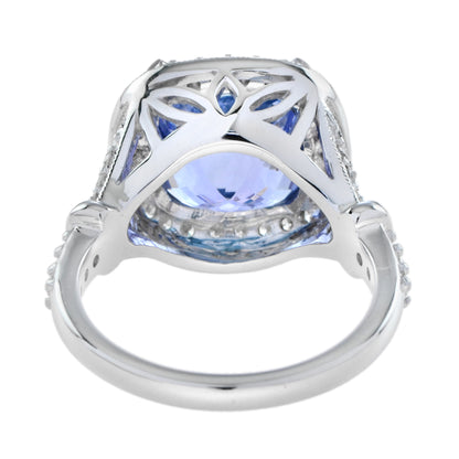 Cushion Shape Blue Violet Tanzanite &amp; Diamond Halo Set 18K White Gold Ring