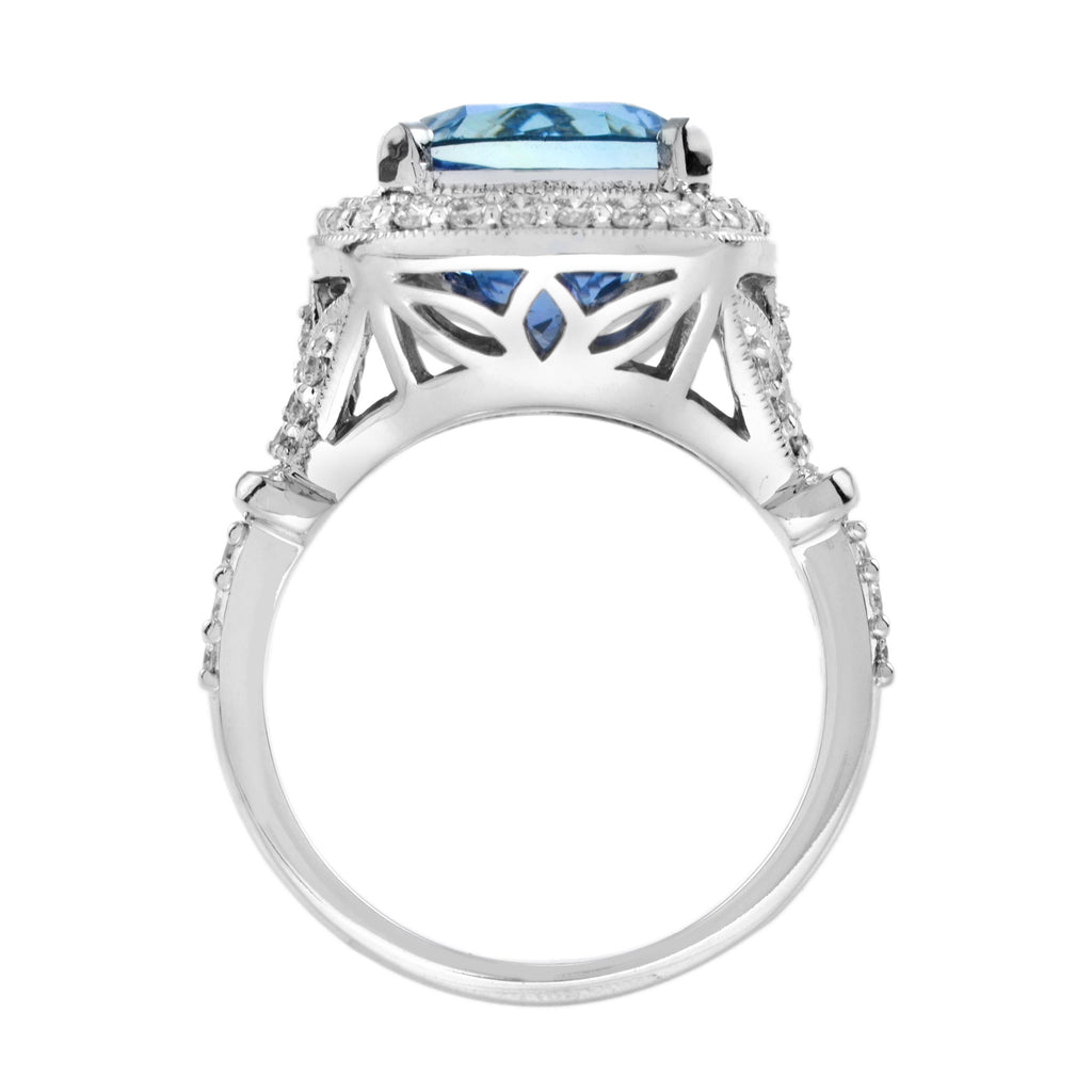 Cushion Shape Blue Violet Tanzanite & Diamond Halo Set 18K White Gold Ring