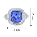 Cushion Shape Blue Violet Tanzanite & Diamond Halo Set 18K White Gold Ring