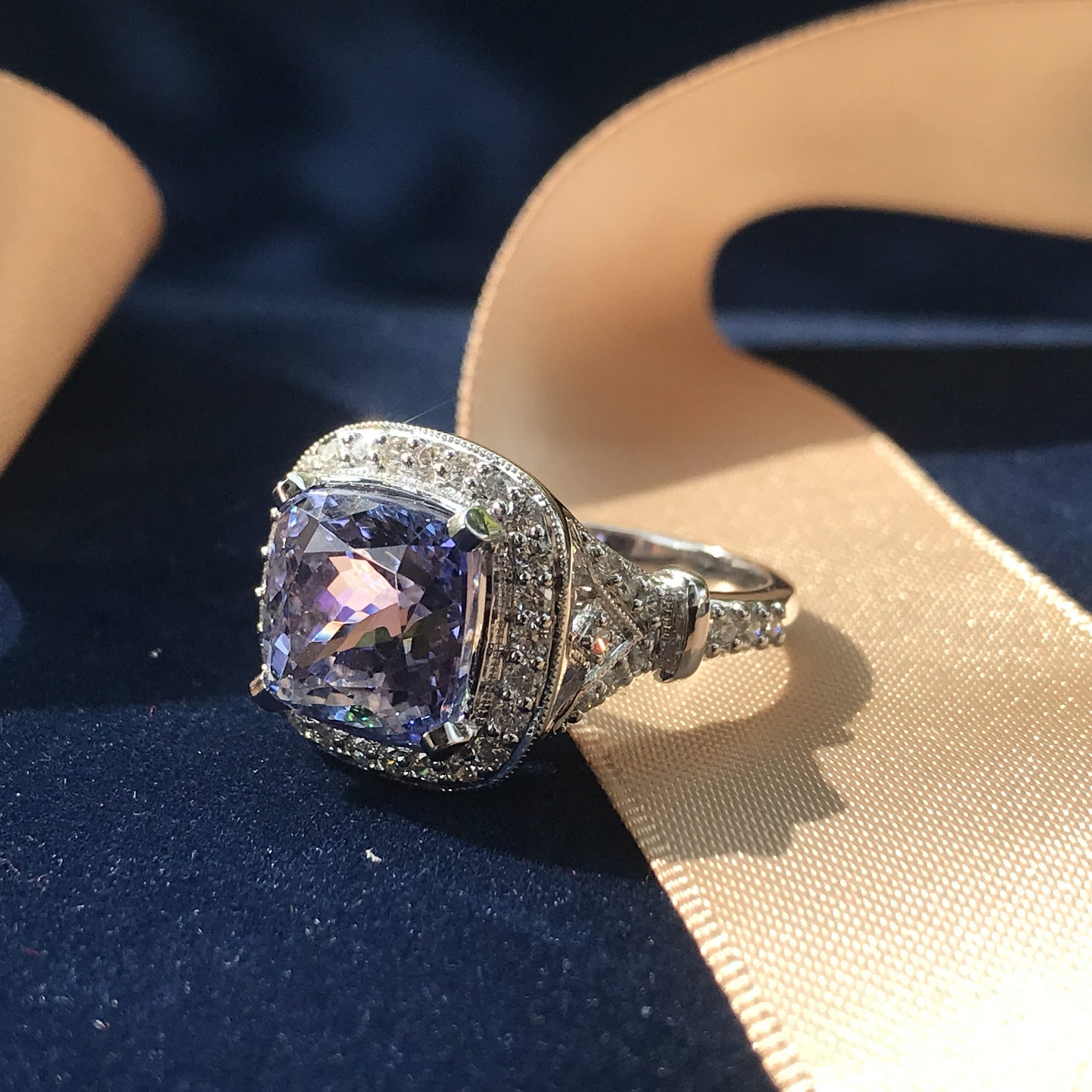 Cushion Shape Blue Violet Tanzanite &amp; Diamond Halo Set 18K White Gold Ring