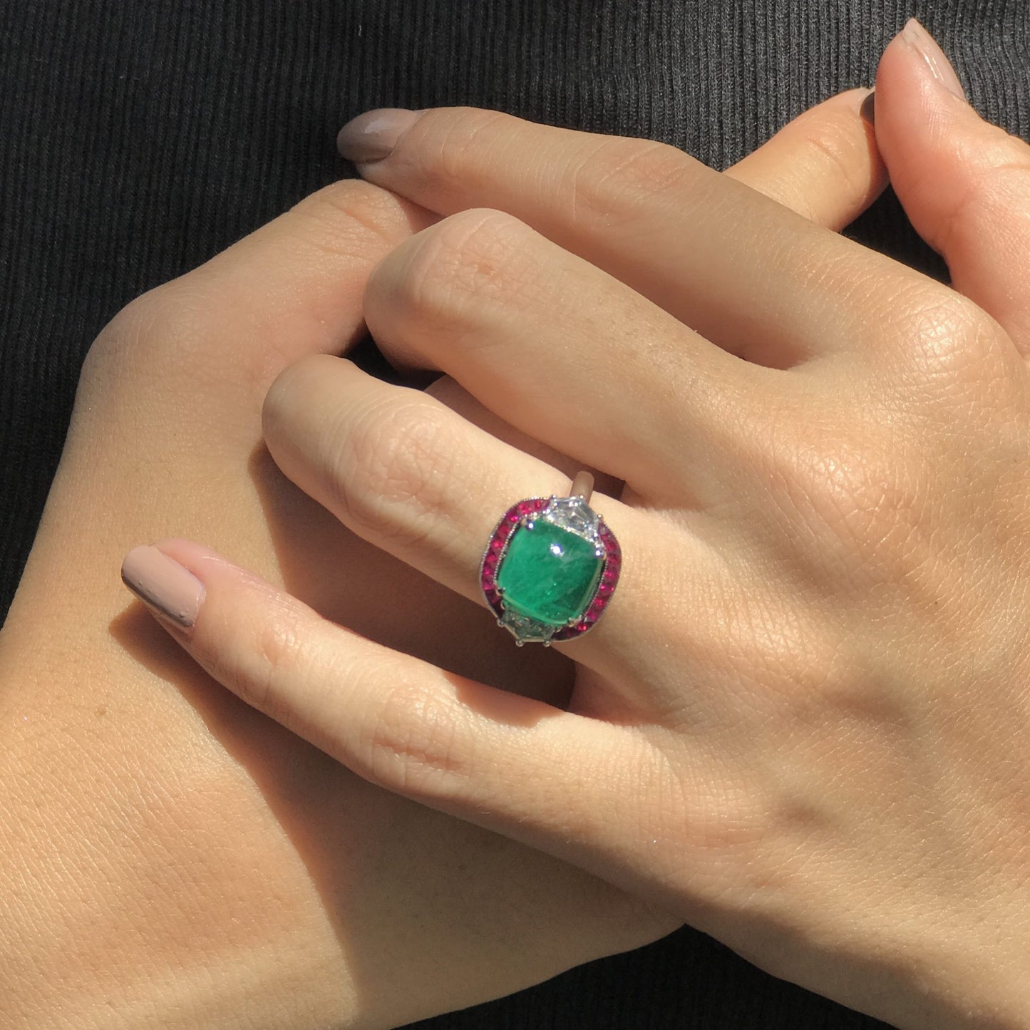 sugarloaf cabochon emerald ruby & diamond halo side stone 18k white gold ring