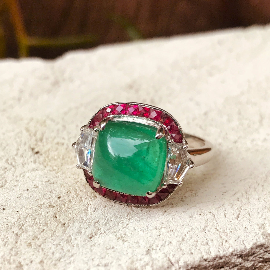 Sugarloaf Cabochon Emerald Ruby & Diamond Halo Side Stone 18K White Gold Ring