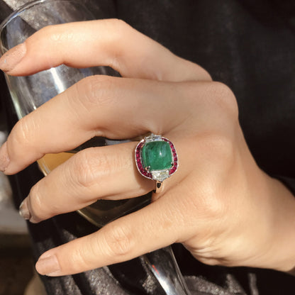 Sugarloaf Cabochon Emerald Ruby & Diamond Halo Side Stone 18K White Gold Ring