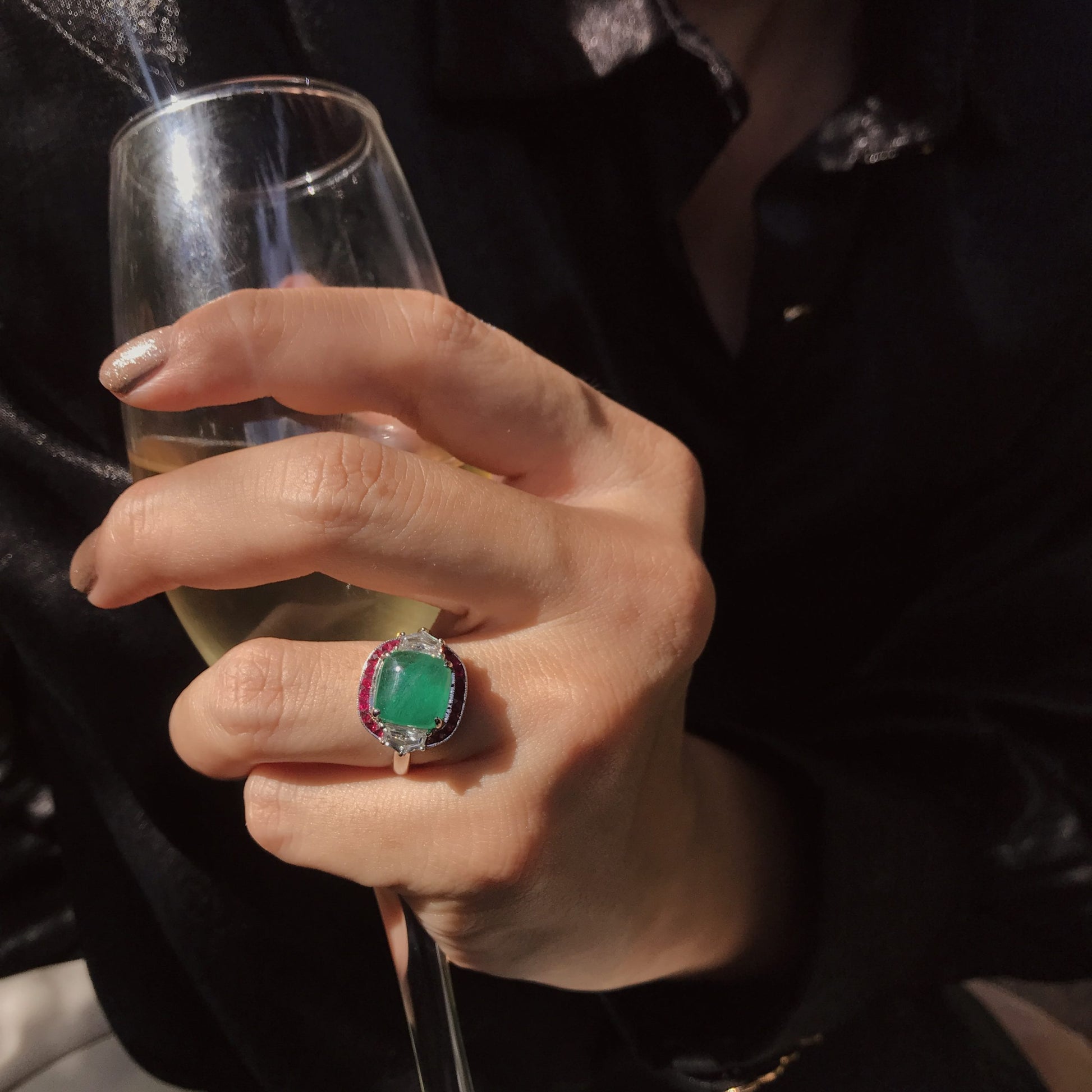 Sugarloaf Cabochon Emerald Ruby & Diamond Halo Side Stone 18K White Gold Ring