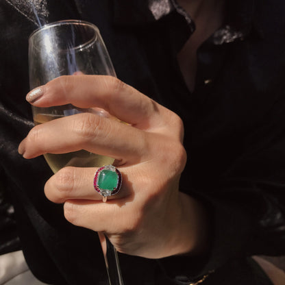Sugarloaf Cabochon Emerald Ruby & Diamond Halo Side Stone 18K White Gold Ring