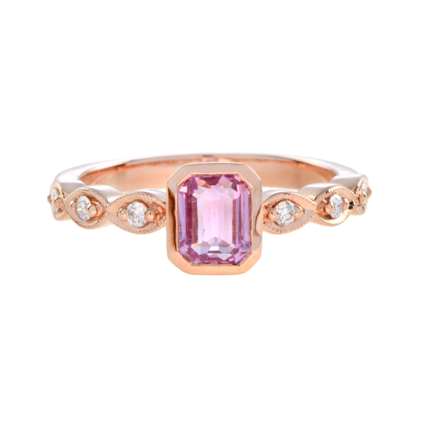 rectangle emerald shape cut pink sapphire & diamond 18k rose gold ring