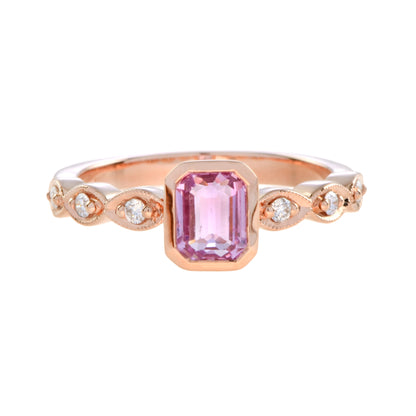 Rectangle Emerald Shape Cut Pink Sapphire & Diamond 18K Rose Gold Ring
