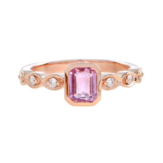 Rectangle Emerald Shape Cut Pink Sapphire & Diamond 18K Rose Gold Ring