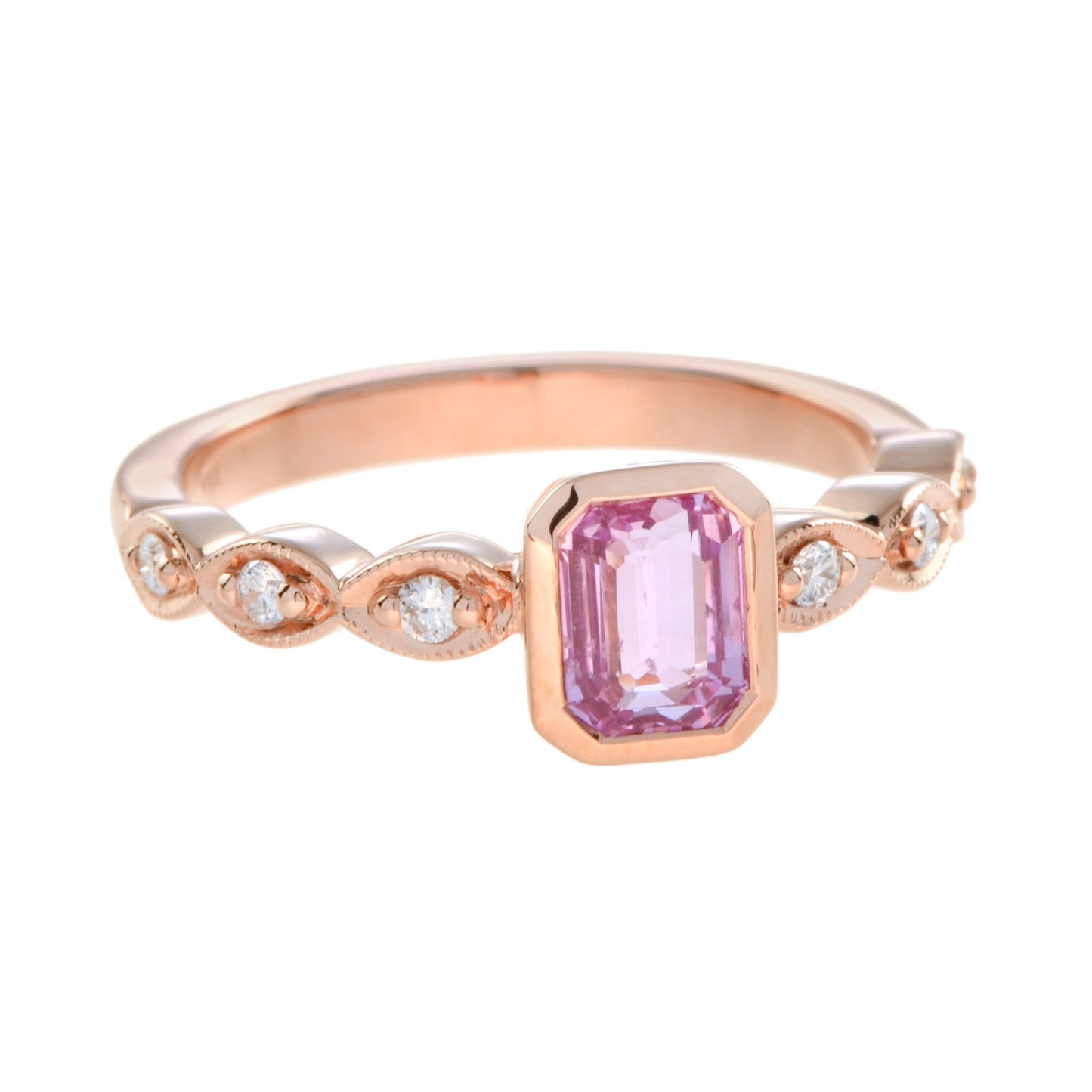 rectangle emerald shape cut pink sapphire & diamond 18k rose gold ring