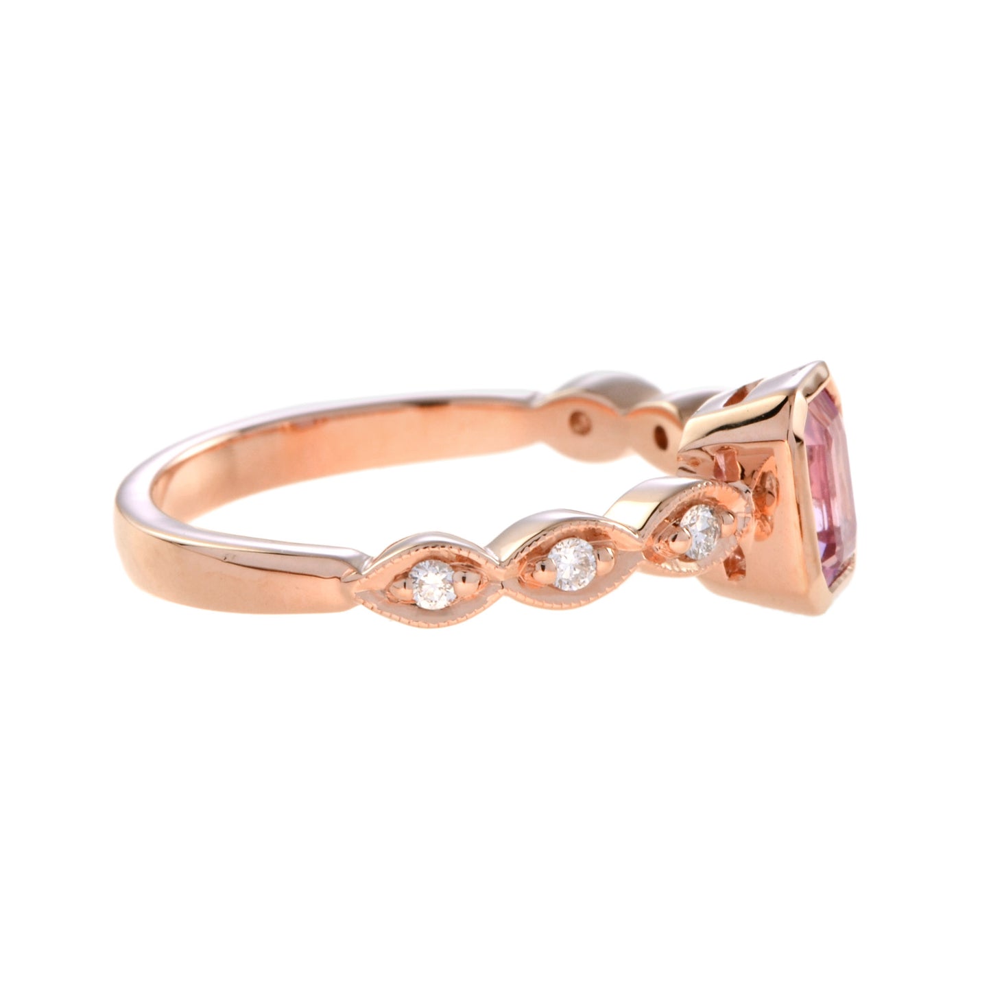 rectangle emerald shape cut pink sapphire & diamond 18k rose gold ring