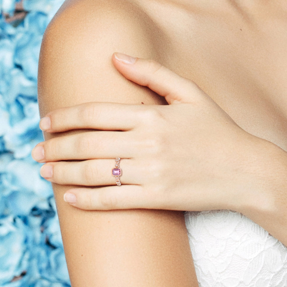 Rectangle Emerald Shape Cut Pink Sapphire & Diamond 18K Rose Gold Ring