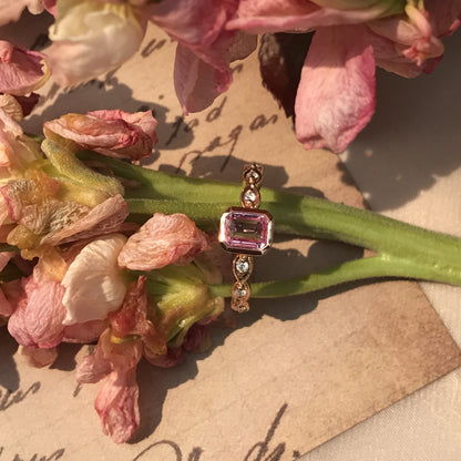 Rectangle Emerald Shape Cut Pink Sapphire & Diamond 18K Rose Gold Ring