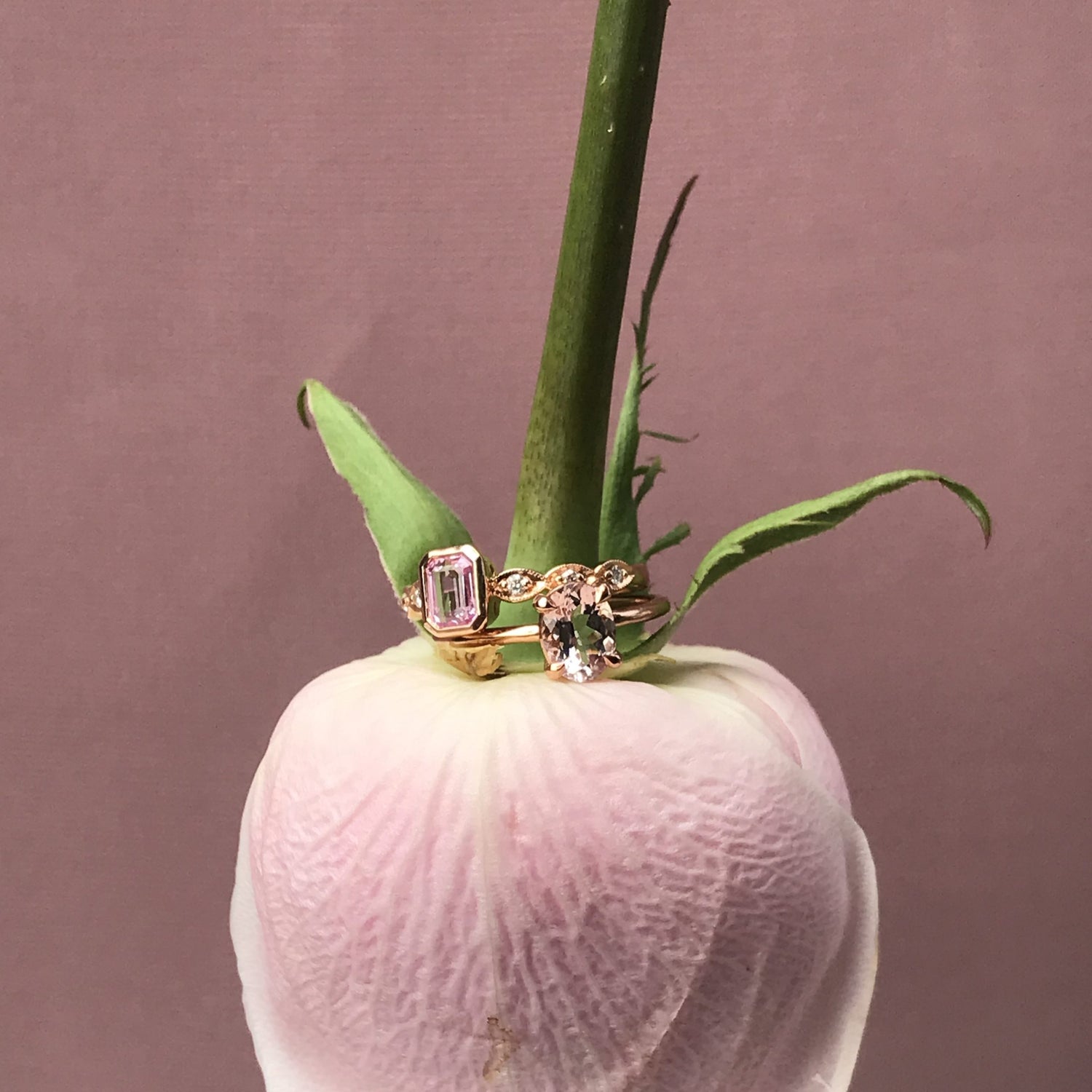 Rectangle Emerald Shape Cut Pink Sapphire &amp; Diamond 18K Rose Gold Ring