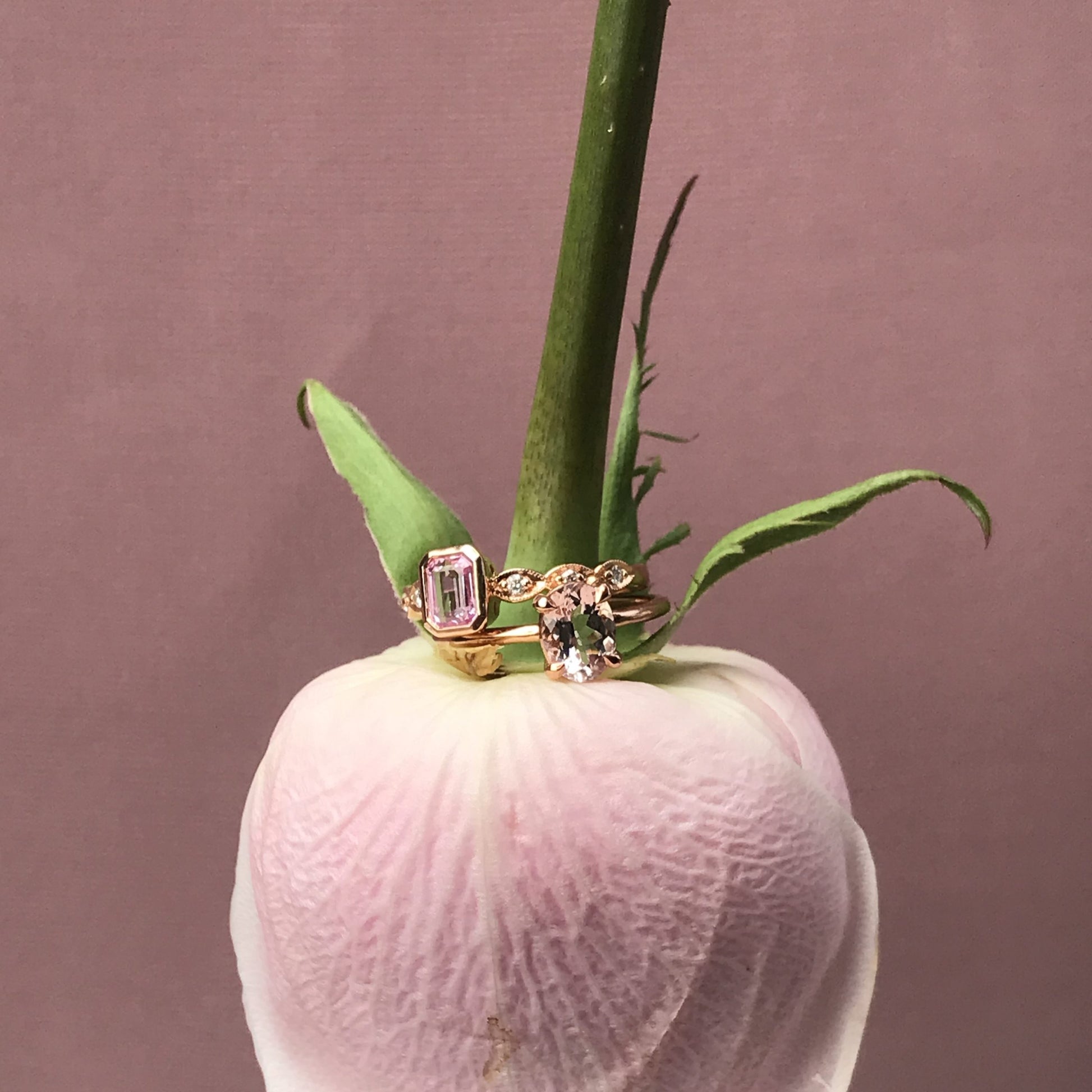 Rectangle Emerald Shape Cut Pink Sapphire & Diamond 18K Rose Gold Ring
