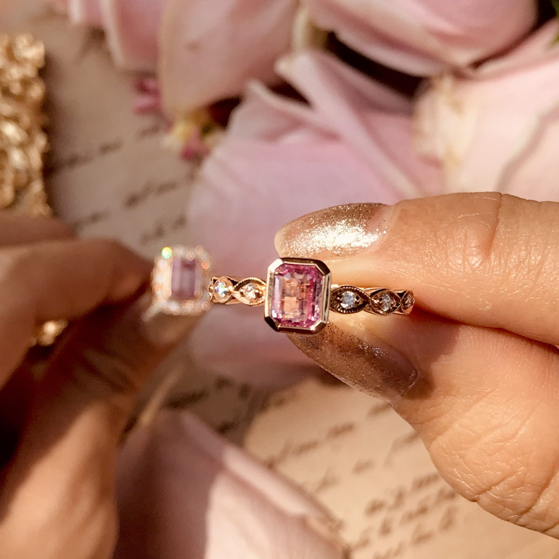 Rectangle Emerald Shape Cut Pink Sapphire & Diamond 18K Rose Gold Ring