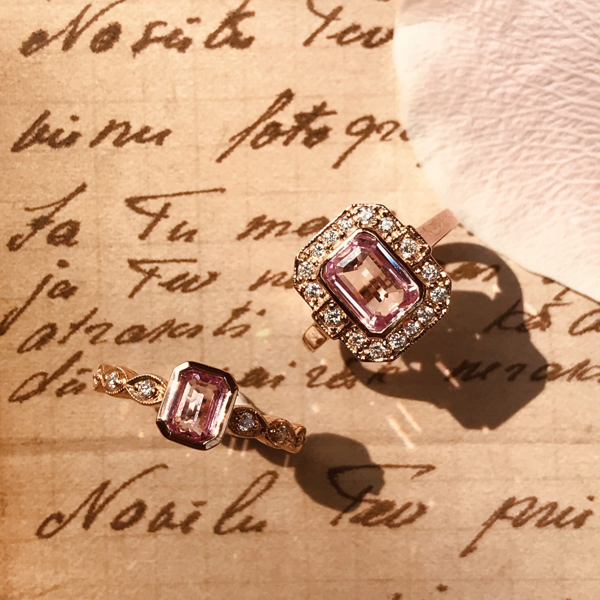 Rectangle Emerald Shape Cut Pink Sapphire & Diamond 18K Rose Gold Ring