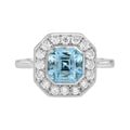 Hexagon Swiss Blue Topaz & Diamond Art Deco Style Halo Set 14K White Gold Ring