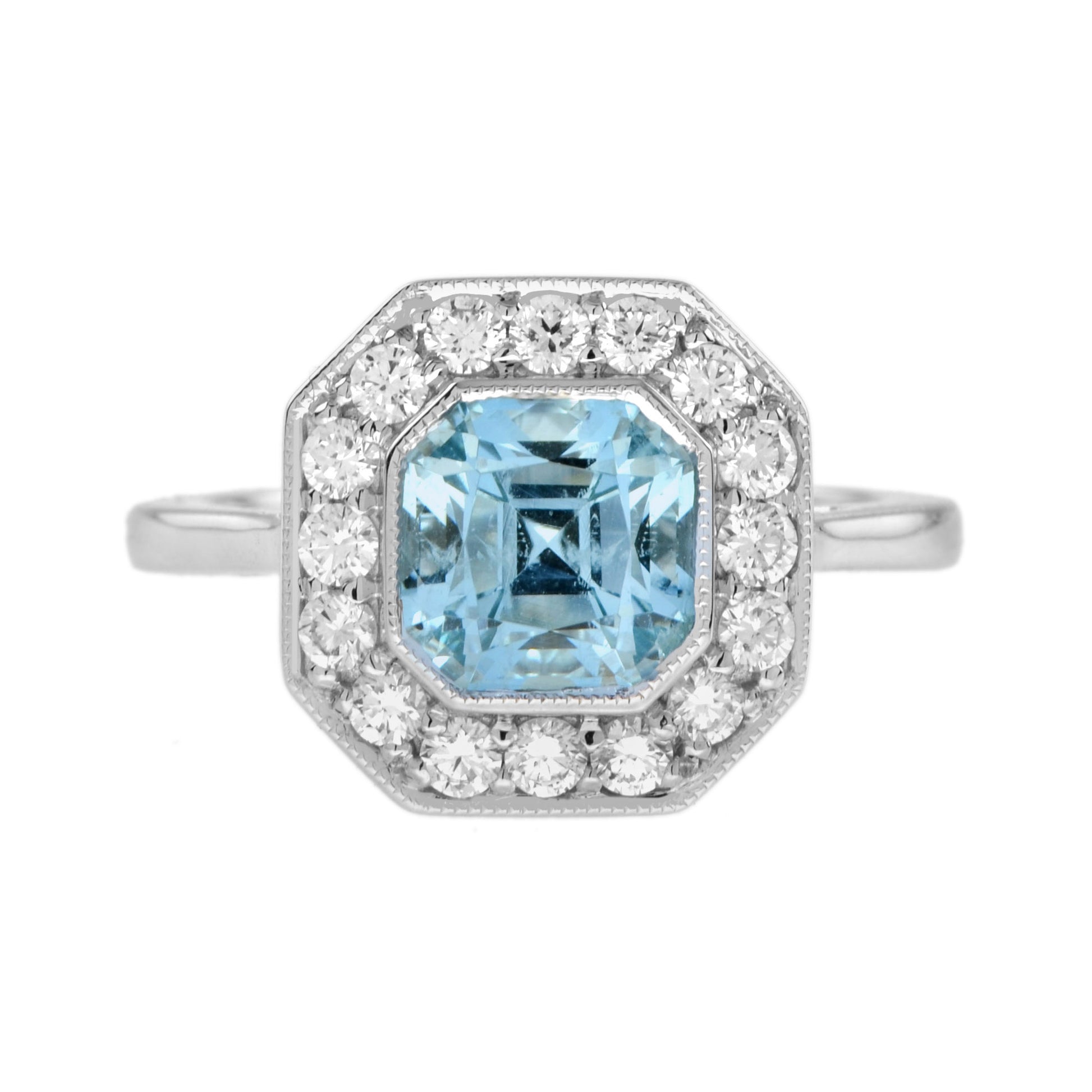 Hexagon Swiss Blue Topaz & Diamond Art Deco Style Halo Set 14K White Gold Ring