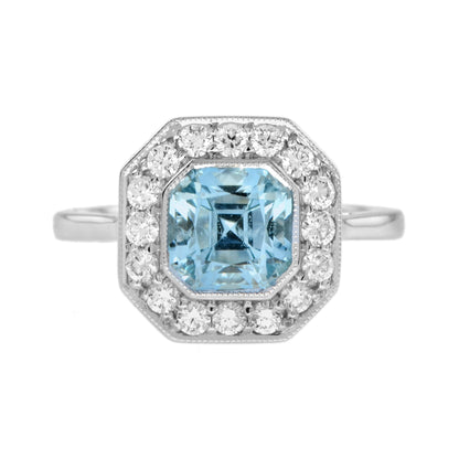 Hexagon Swiss Blue Topaz & Diamond Art Deco Style Halo Set 14K White Gold Ring