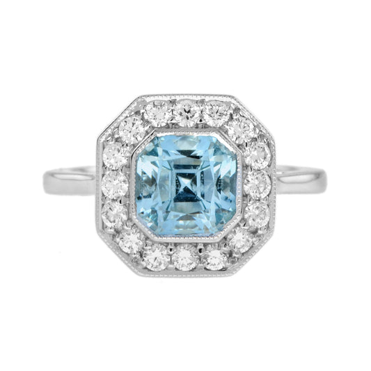 Hexagon Swiss Blue Topaz & Diamond Art Deco Style Halo Set 14K White Gold Ring