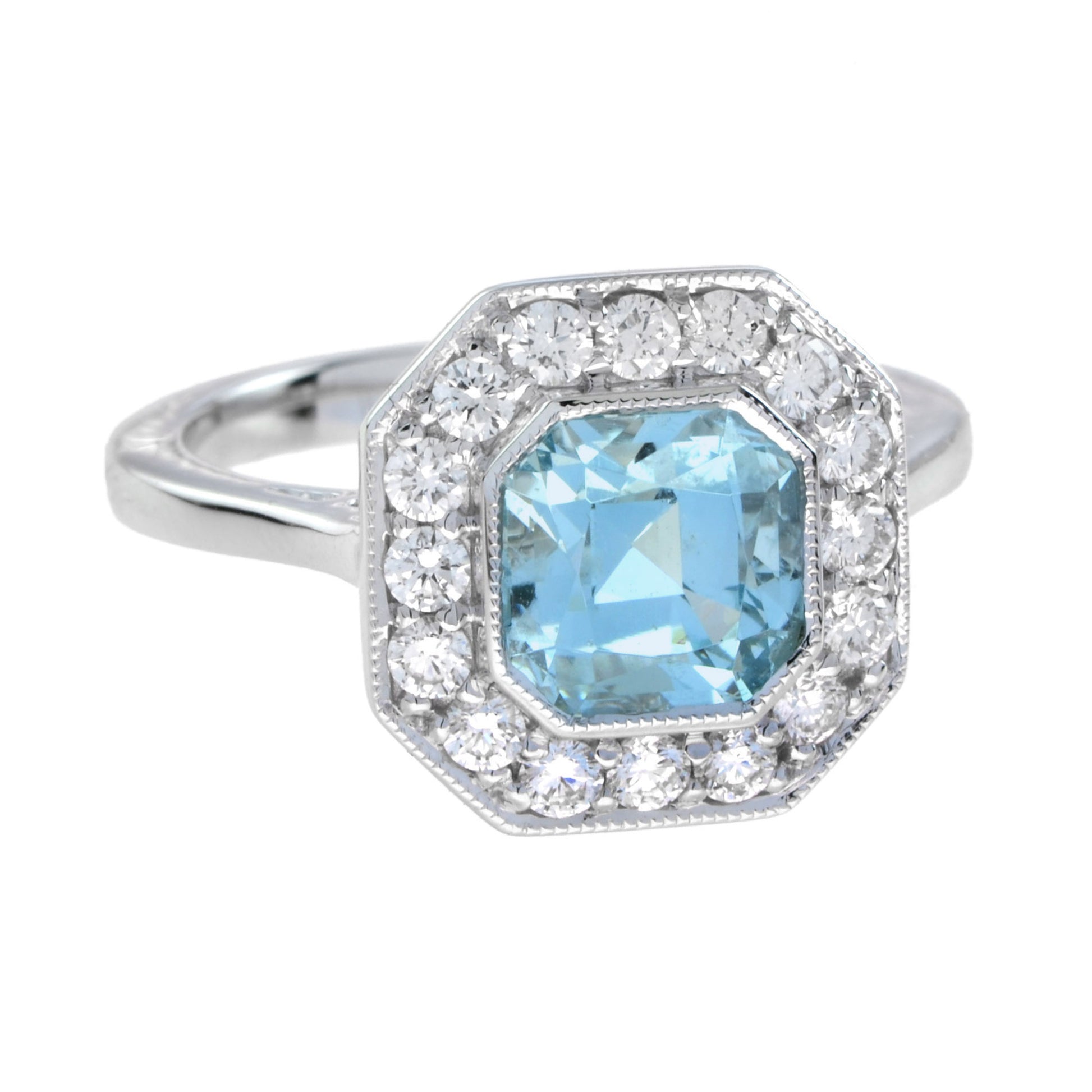 Hexagon Swiss Blue Topaz & Diamond Art Deco Style Halo Set 14K White Gold Ring