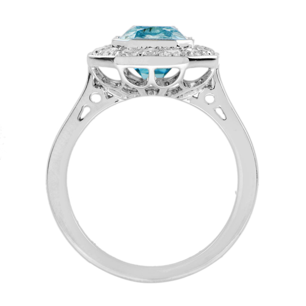 Hexagon Swiss Blue Topaz & Diamond Art Deco Style Halo Set 14K White Gold Ring