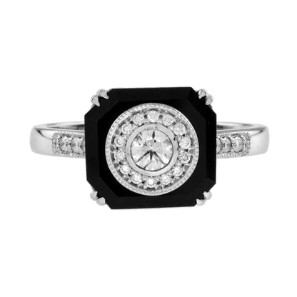 Diamond &amp; Black Octagon Onyx Art Deco Style Halo Unique 14K White Gold Ring