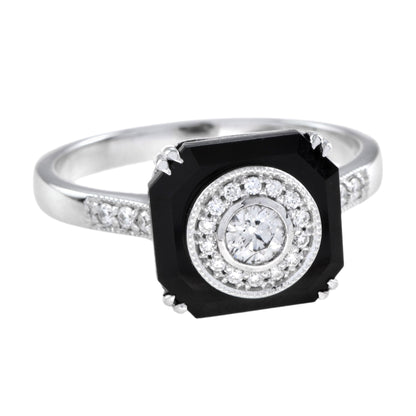 Diamond &amp; Black Octagon Onyx Art Deco Style Halo Unique 14K White Gold Ring